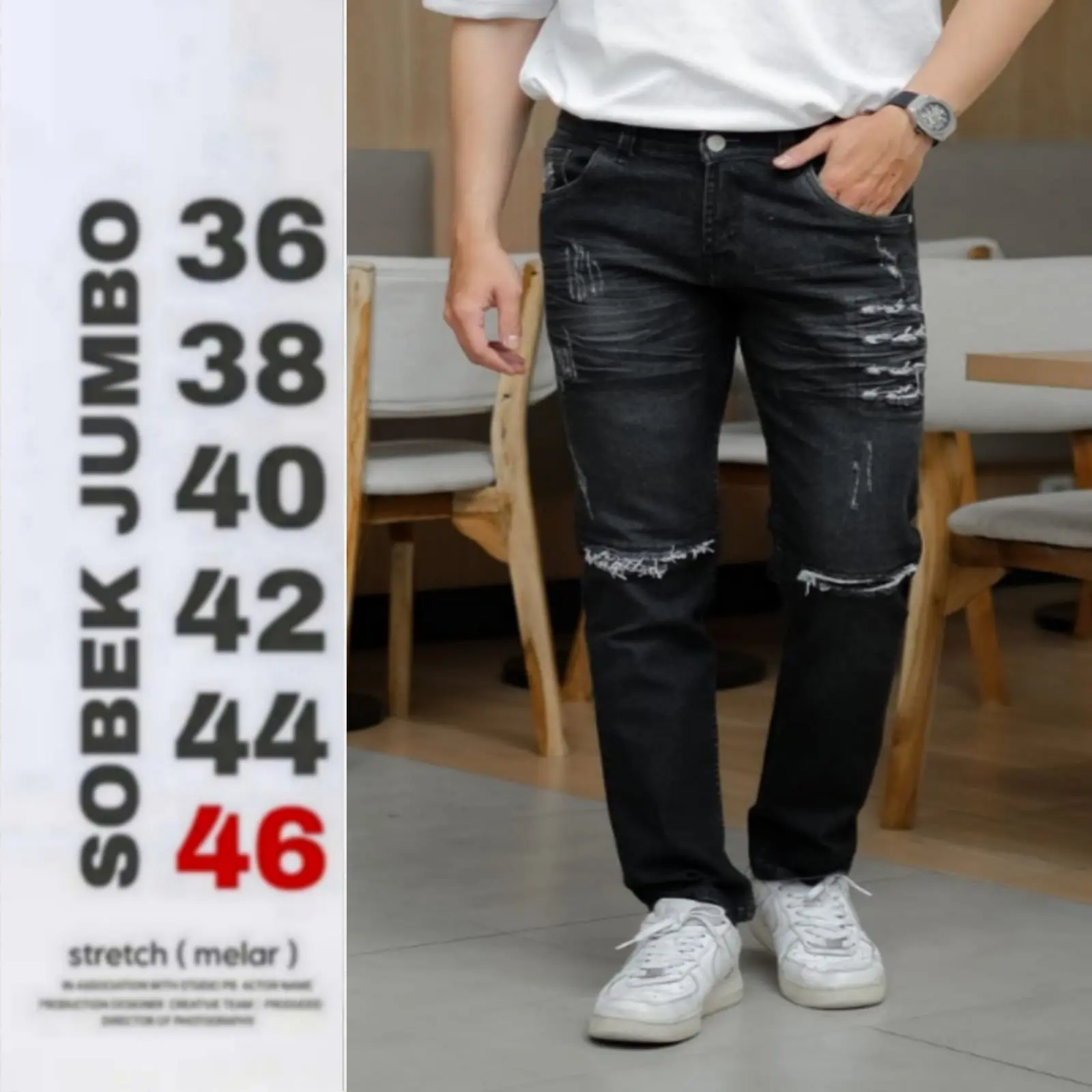BIGSIZE 33-48 Celana Jeans Pria Sobek Jumbo ukuran 36 sampai 46 model Slimfit bahan melar elastis nyaman/ Celana Jeans Pria Sobek/ Celana jeans Ripped pria super Jumbo Denim High Distro