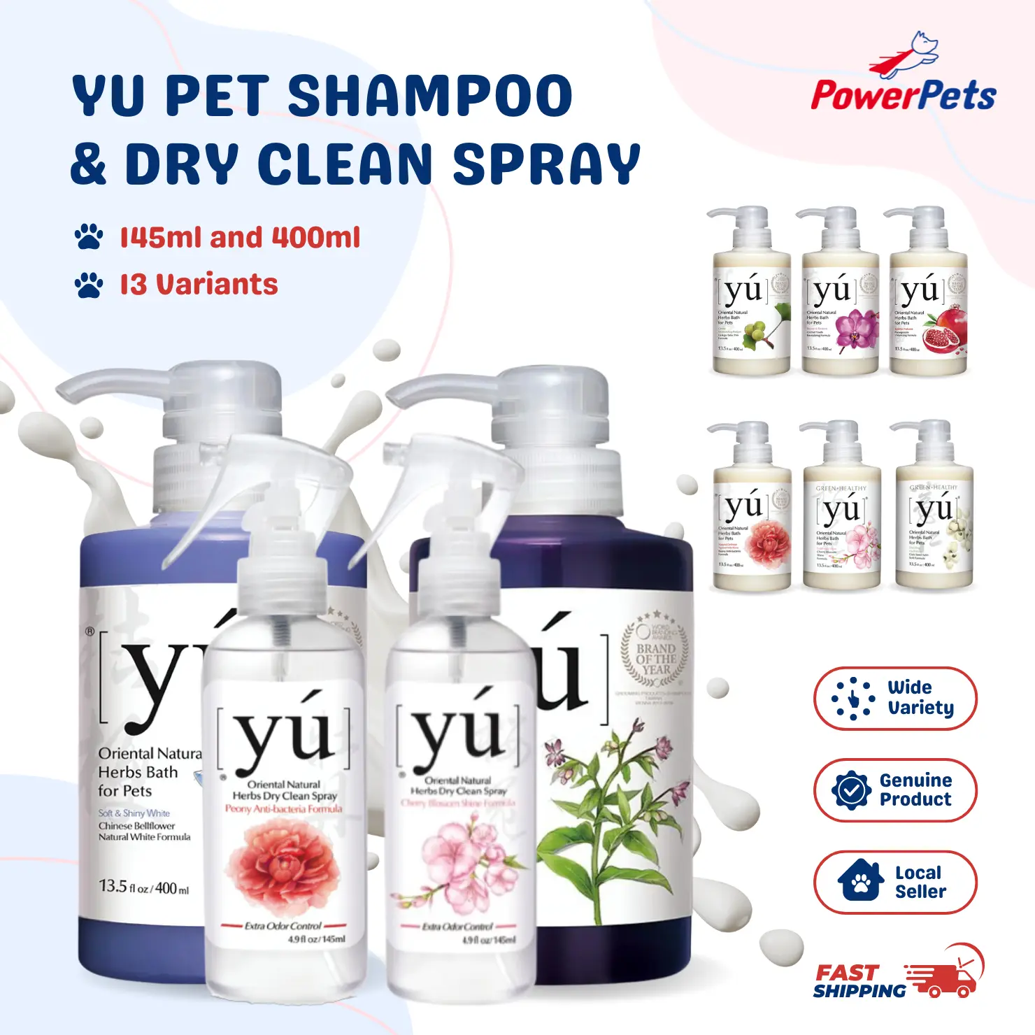Yu Pet Shampoo 400ml / Dry Clean Spray 145ml - Oriental Herbs Care Controls Bacteria and Prevents Skin Infections