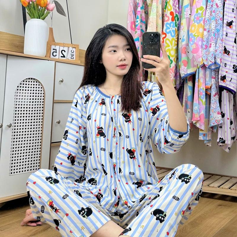 SP5 Đồ Bộ Ngủ Vải Tole Lanh Tay dài quần dài Tay Raglan có nút kiểu Pijama SP5