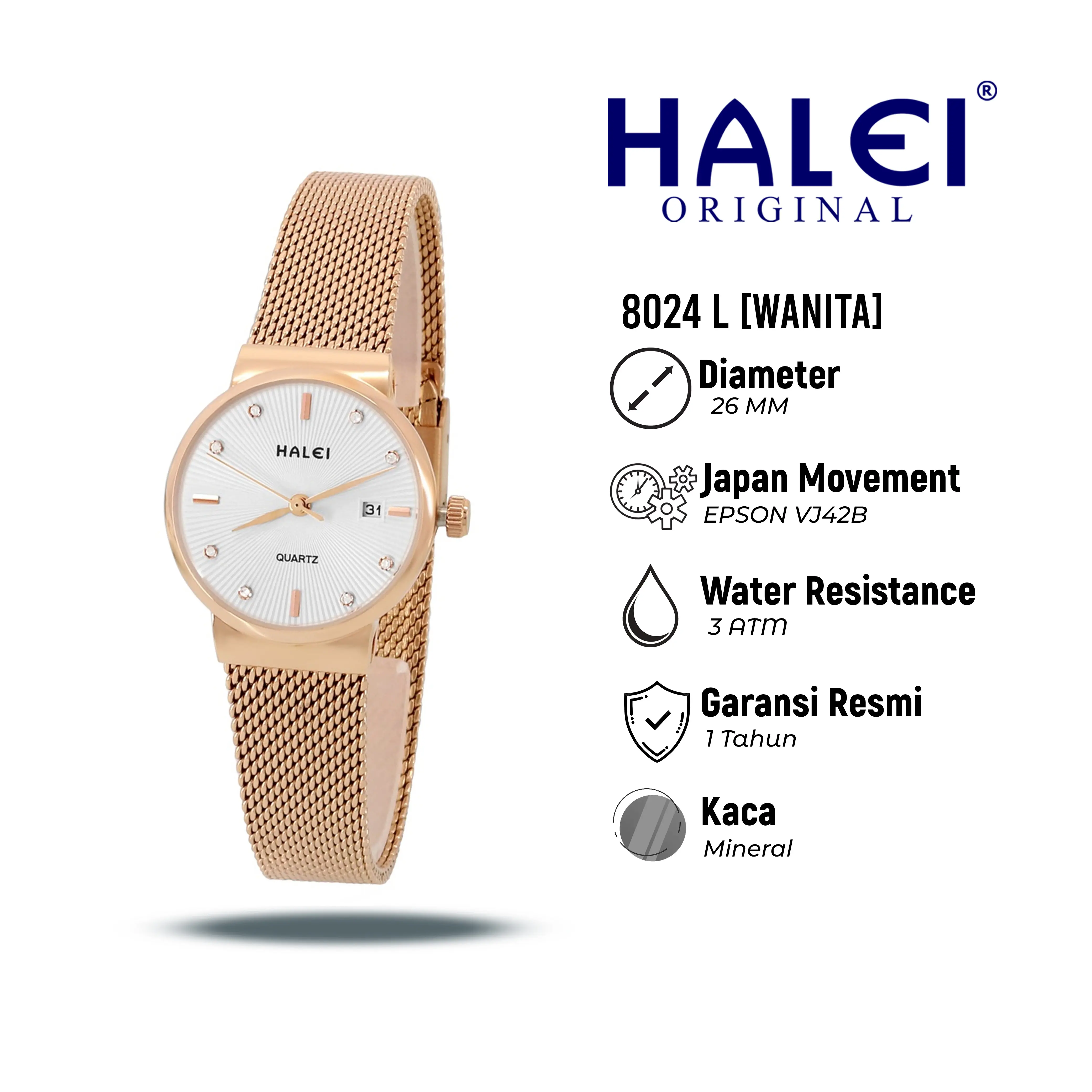Halei Watch 8024 L - Jam Tangan Wanita Rantai Pasir Analog Kekinian - Tahan Air dan Garansi 1 Tahun. Free Box