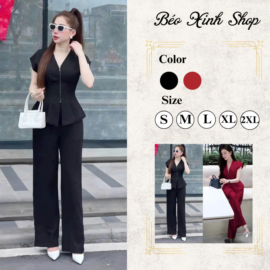 Set Quần Áo Dây Kéo Cổ Tim Vải Cotton Lạnh 40 - 95Kg Có Bigsize Nữ Top Women Xoè - A.1459