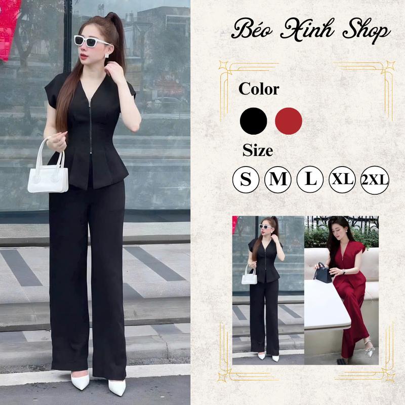 Set Quần Áo Dây Kéo Cổ Tim Vải Cotton Lạnh 40 - 95Kg Có Bigsize Nữ Top Women Xoè - A.1459