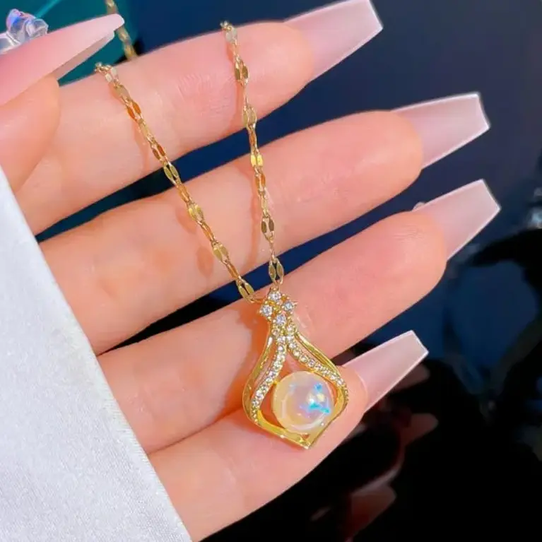 VALLEY •  V045 Kalung Wanita Liontin Batu Giok Putih • Material Titanium Modern Anti Luntur Anti Gatal Cantik Manis Aesthetic Kekinian
