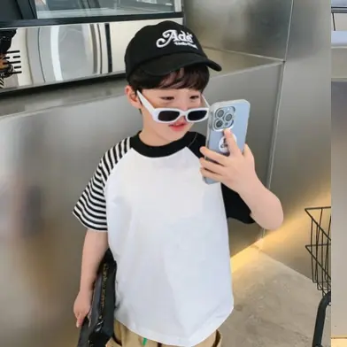 Kaos Raglan Anak Lengan Pendek Katun Combed Umur 1-6 Tahun / Kaos Raglan Kombinasi Salur Dan Polos PS016 2