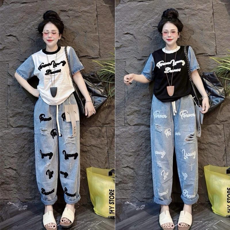 [Bigsize 60 - 90kg] Set Jean Nữ Áo Thun Tay Ngắn Thêu Chữ Kèm Quần Jean Dáng Baggy