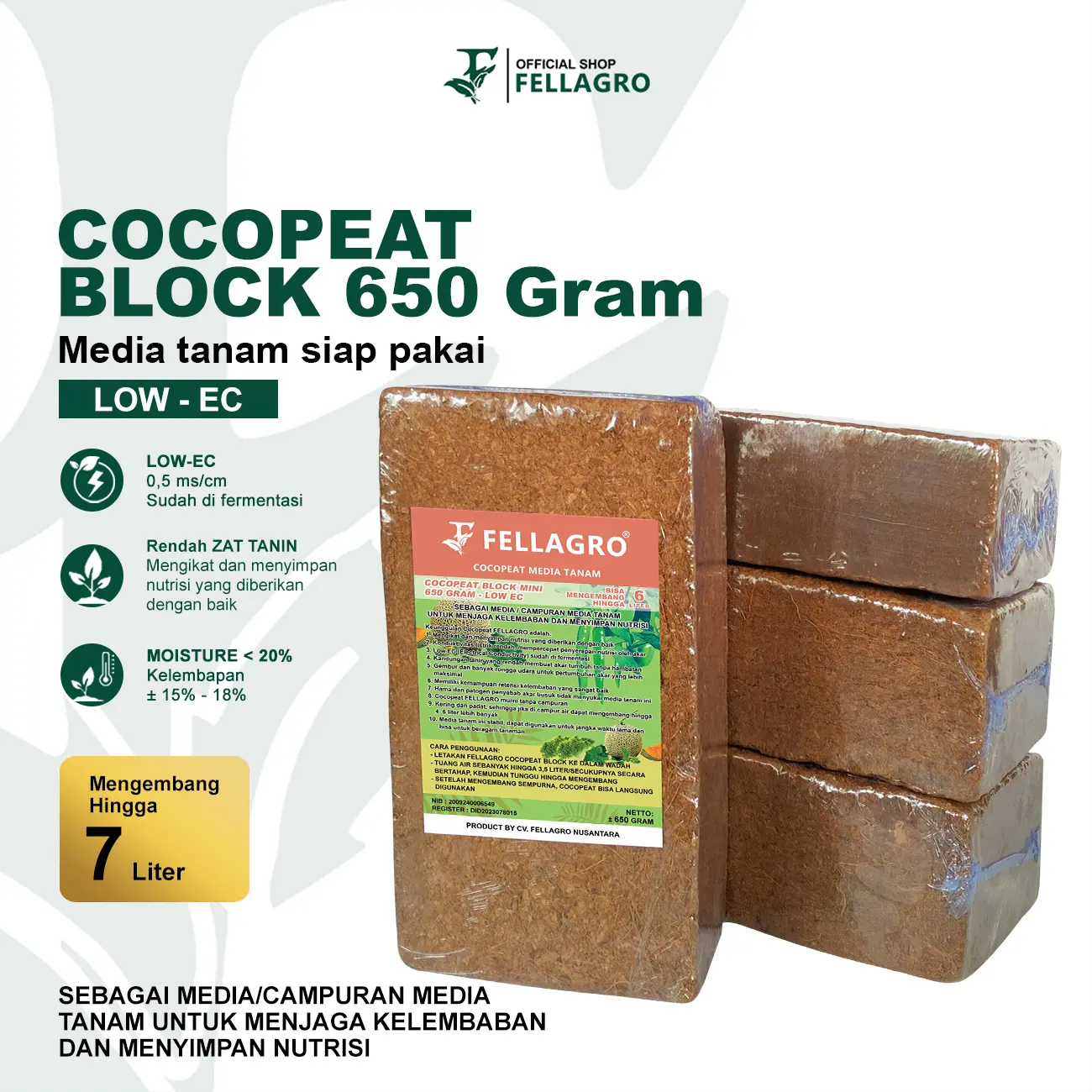 FELLAGRO COCOPEAT BLOK MEDIA TANAM ORGANIK TANPA CAMPURAN COCOPEAT BLOCK MURNI 650gr