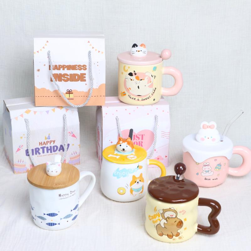 Hộp quà tặng cốc sứ dễ thương - Ly sứ nắp thú kèm muỗng & hộp giấy - Quà sinh nhật bạn bè người yêu - SQ1 
