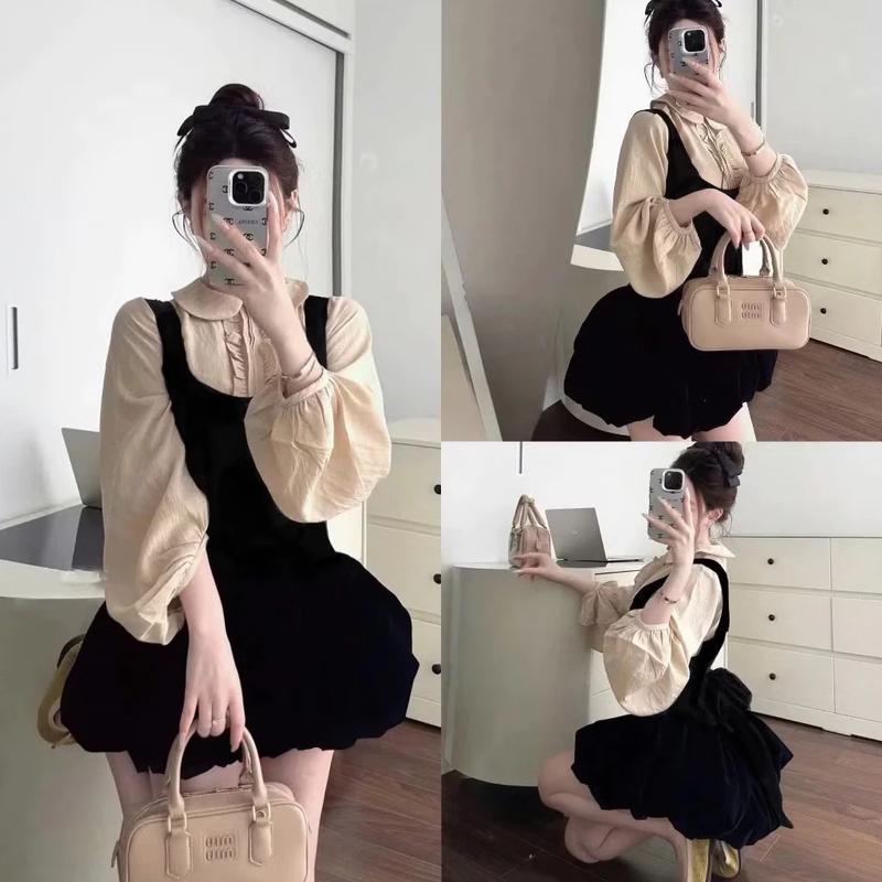 Set váy yếm bí nhung 2 lớp cột nơ mix Áo sơ mi cổ sen tay bồng viền bèo tiểu thư NB226 TASK ABOUT