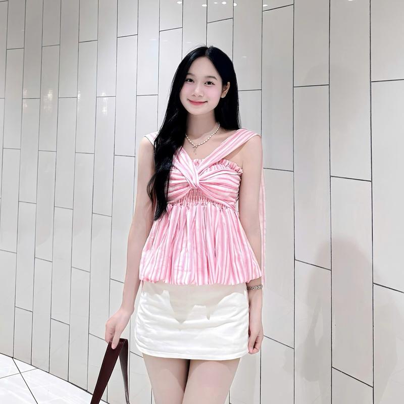   MỞ BÁN  Áo bí ngô cúp ngực dáng babydoll có bo chun lưng thắt nơ trước ngực AOT048 