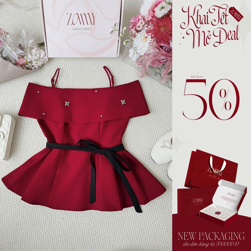 ZAMYSHOP - Áo thiết kế trễ vai đai eo áo xinh đi chơi vibe tiểu thư