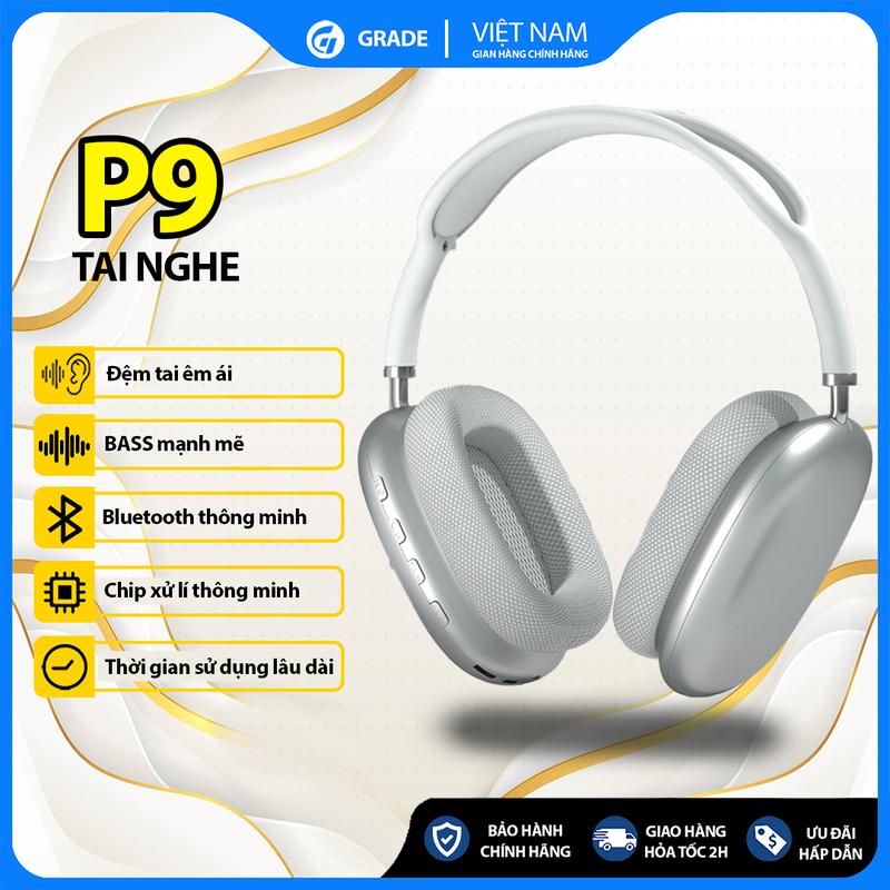 GRADE Tai nghe Bluetooth P9 chống ồn có Micro đàm thoại chơi game nghe nhạc dùng cho điện thoại máy tính Laptop Earphone Đen Đeo êm tai BASS mạnh Thời gian sử dụng lâu dài Chip Jerry