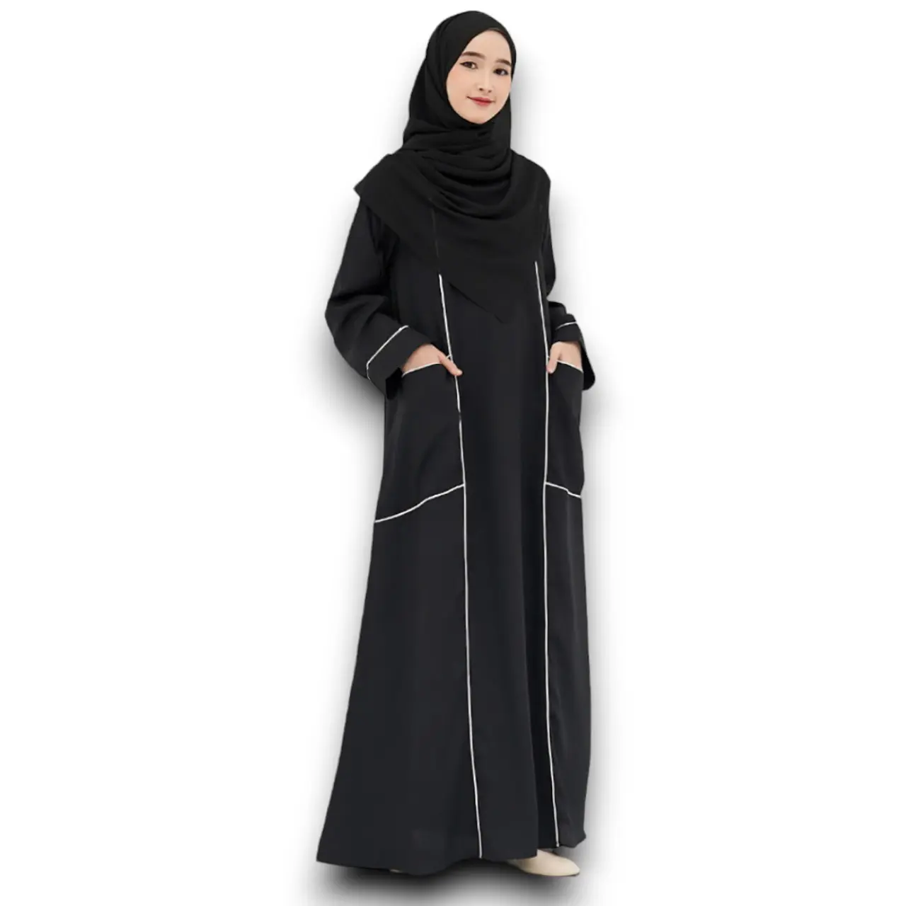 Jmb - Abaya Saku Depan Crinkle Airflow Lembut Gamis BAsic Syari Variasi Setrip Daily Fashion Muslim Wanita Dewasa Size M, XL Maxi Dress Hitam Casual Simple Mewah Remaja Lebaran Kondangan