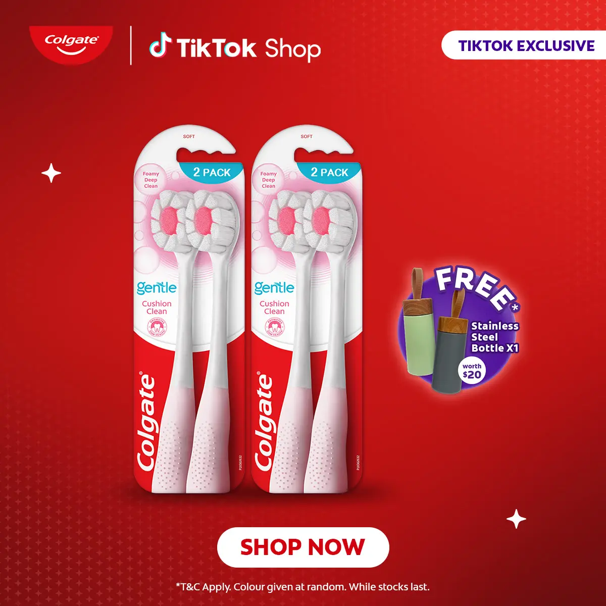 COLGATE Cushion Clean Super Dense Fluffy Thin Toothbrush Valuepack 2s (Soft) [Bundle of 2] + FREE Stainless Steel Tumbler (colour may vary)