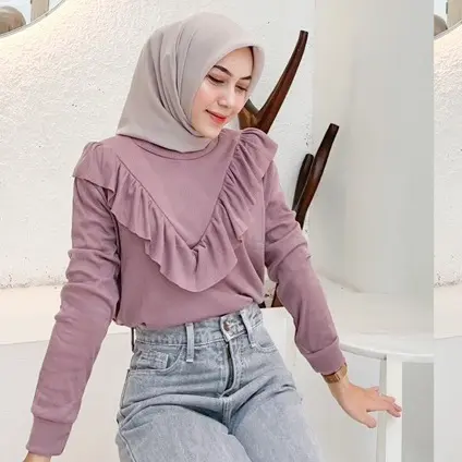 Kaos lengan panjang Rumbai Knit rib model terbaru Atasan Mode Kekinian Baju Fit Muslim Nyaman Ruffle Tebal Top