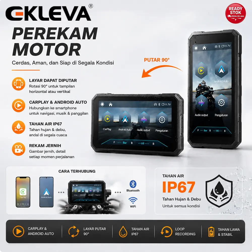 EKLEVA M15 Monitor GPS Motor Portable 5" CarPlay Android Auto Navigasi Anti Air
