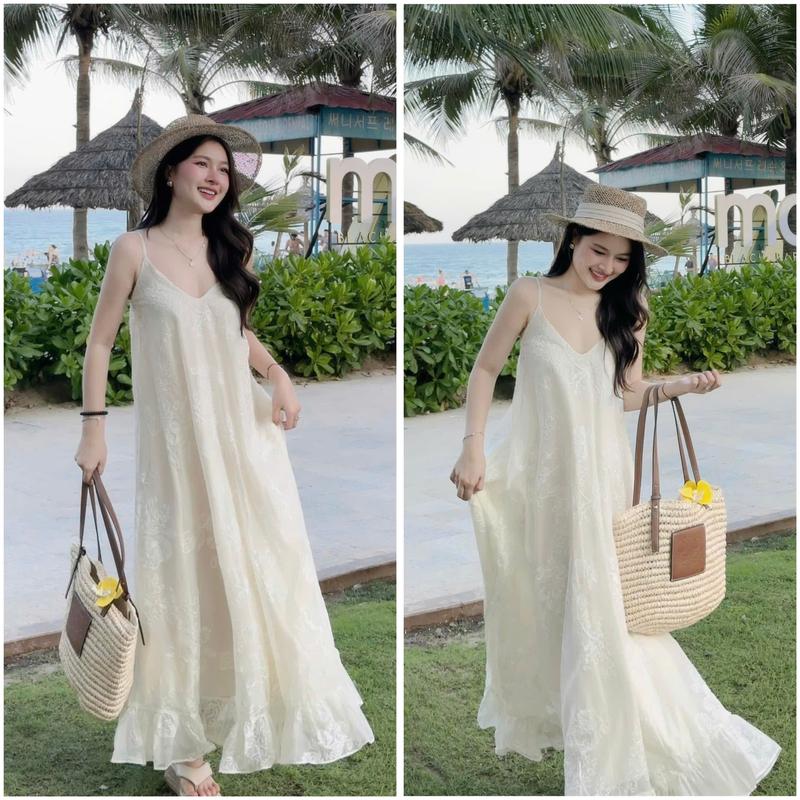   V435  Váy Maxi 2 Dây Thêu Hoa Cổ V Phối Chân Bèo Dài 130cm Kho Sỉ Nguyễn Bảo Ngọc 