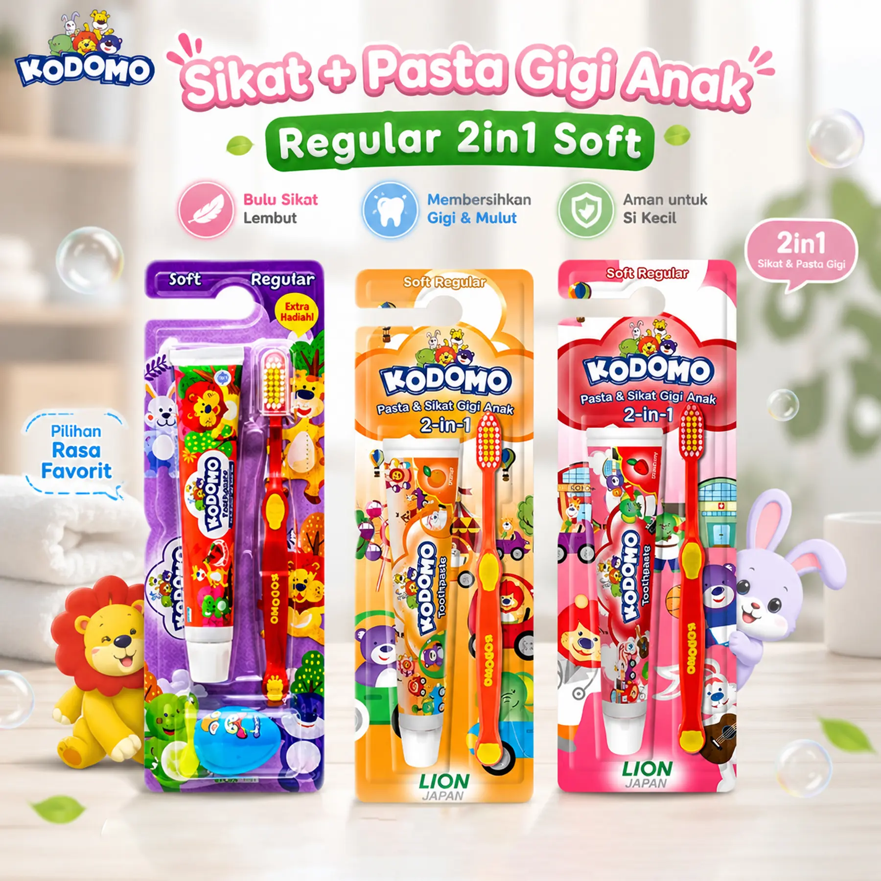 Kodomo Toothbrush Regular 2in1 Sikat Gigi Anak + Pasta Gigi + Mainan Gratis Soft Bristles