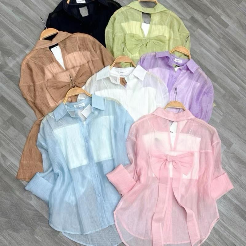 Tặng áo Bra+ Quà Áo Sơ Mi Nữ Phối Nơ Sau Lưng Chất Voan Tơ Bèo Kèm Áo 2 Dây Sợi Bún - 10 Màu Mỏng Mát Sang Chảnh
