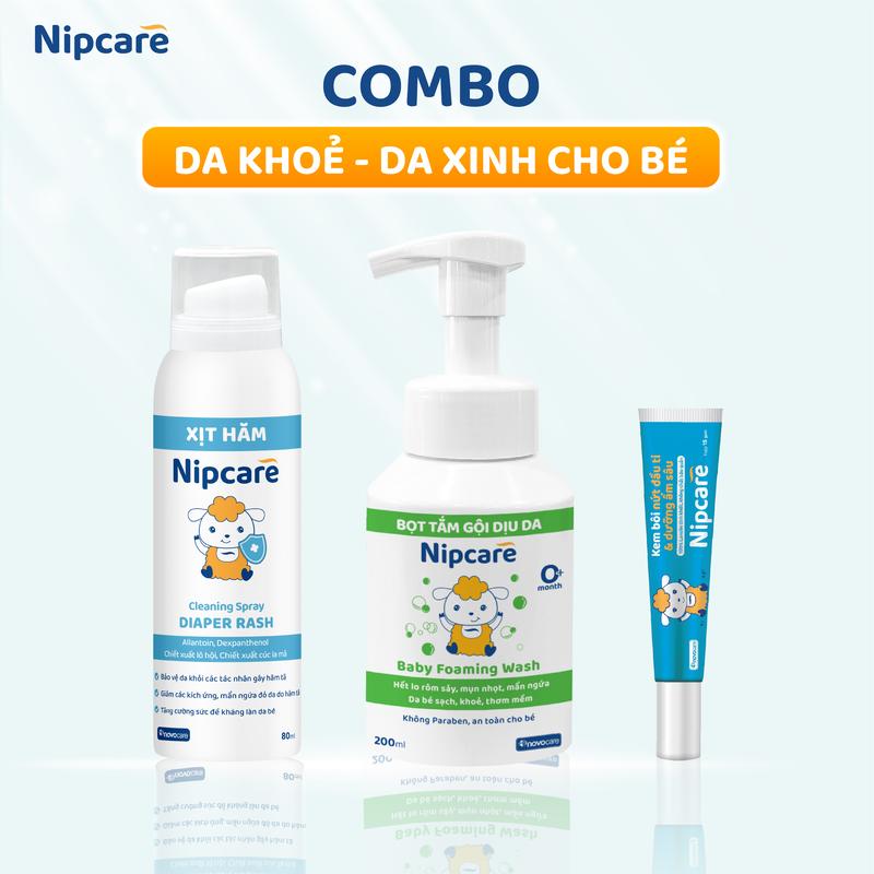 Combo da khoẻ da xinh cho bé - Xịt vệ sinh chống hăm tã, Bọt tắm gội dịu da, Kem bôi Lanolin dưỡng ẩm sâu Nipcare
