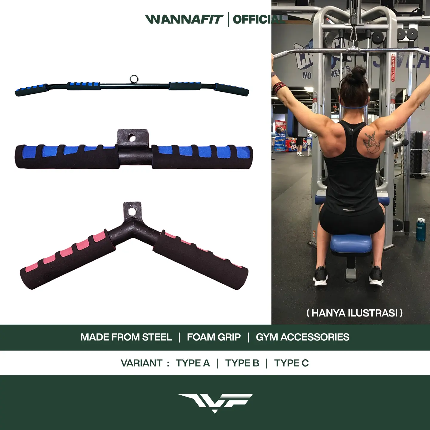 WANNAFIT Handle Pull Down Bar | Fitness Grip Cable Attachment Lat Pulldown Row | Aksesoris Gym & Fitness