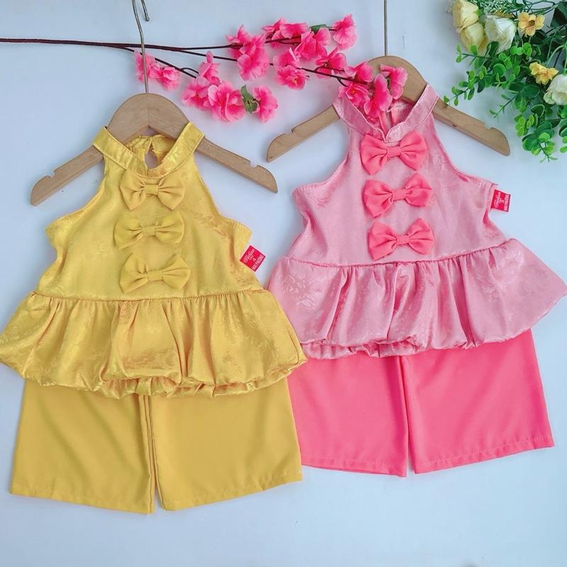  Set bộ yếm gấm quần lửng đính nơ xinh xắn dễ thương cho bé gái 8 đến 13kg 