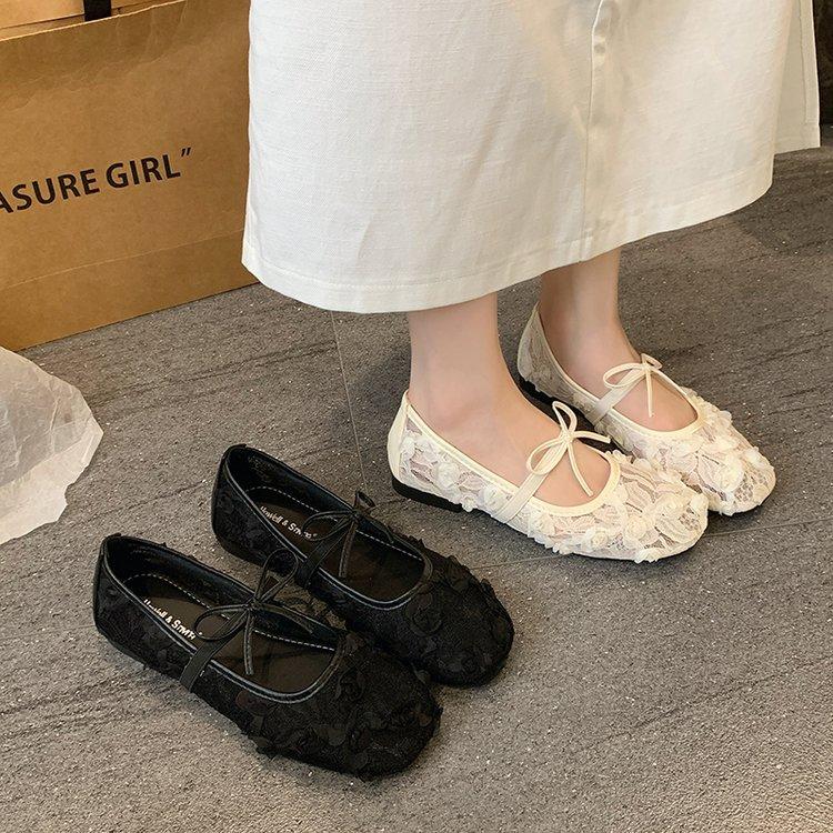 [FORM RỘNG LÙI 1 SIZE] Giày bệt nữ ren thêu hoa hồng phối nơ xinh nhẹ nhàng Mã V037