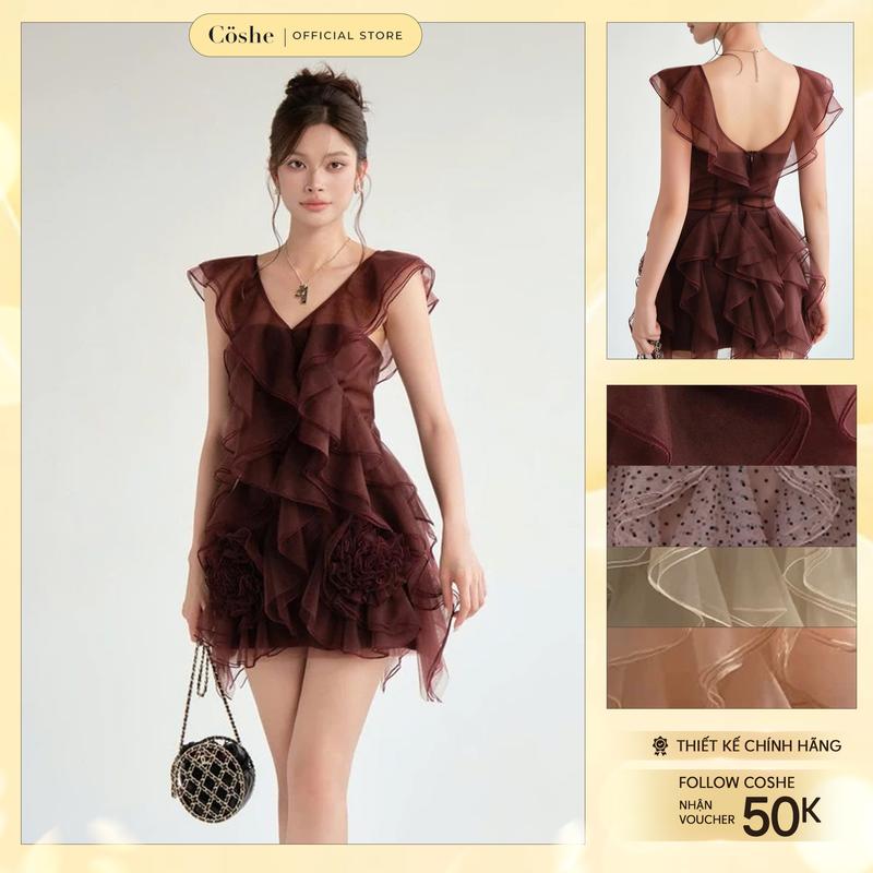 Đầm cổ yếm COSHE ASO 2 dây thiết kế tầng tua rua