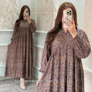 RAYNA MIDI DRESS BY RMB - Katun Rayon Motif Premium Flowy & Elegan Resleting Depan Busui Tangan Wudhu Friendly Saku Kanan