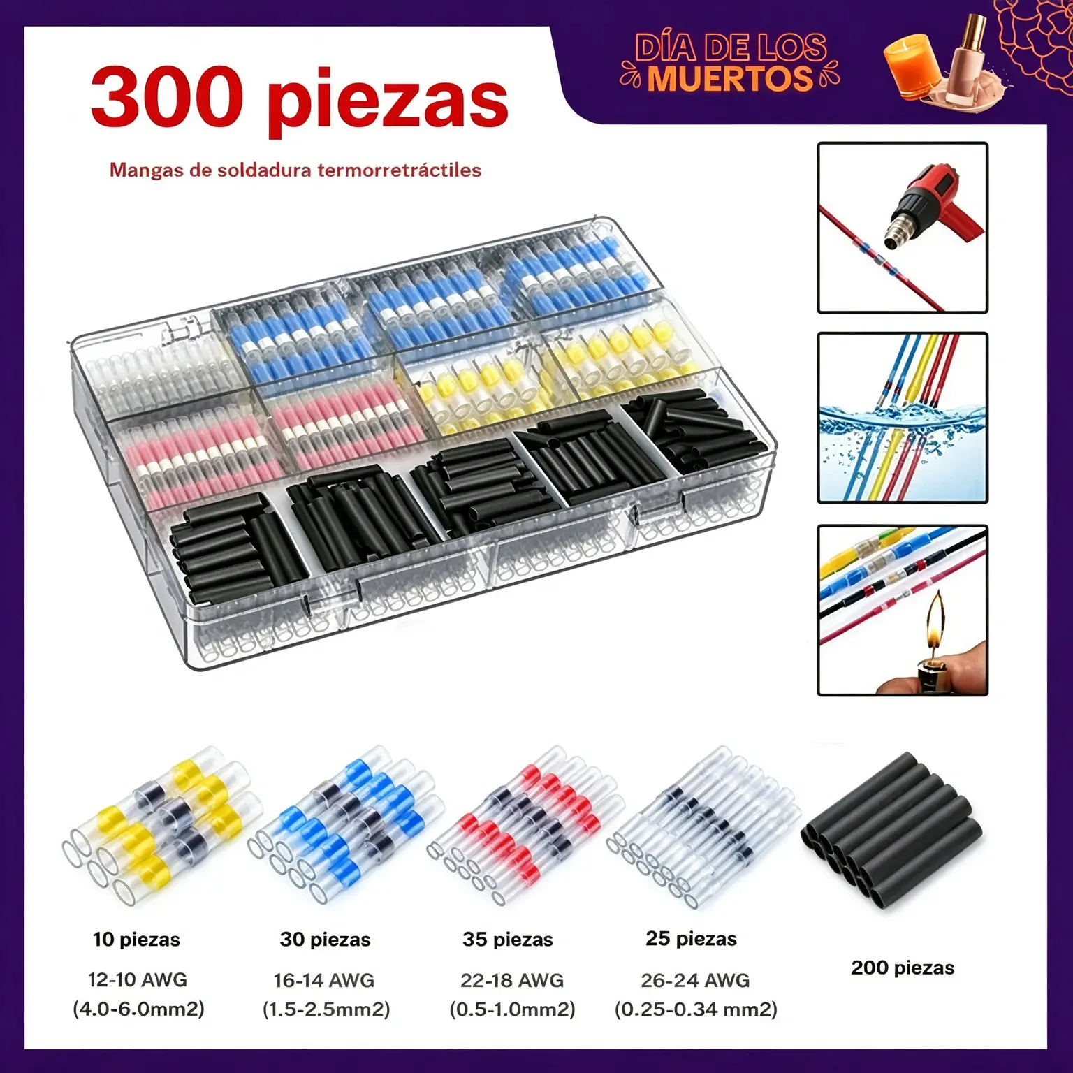 300 PCS Conectores de Cable con Sellado de Soldadura, Conectores de Empalme con Tubo Termorretráctil, Terminales Eléctricos Impermeables e Aislados, Empalme Uso compatible con pistola de calor y encendedor