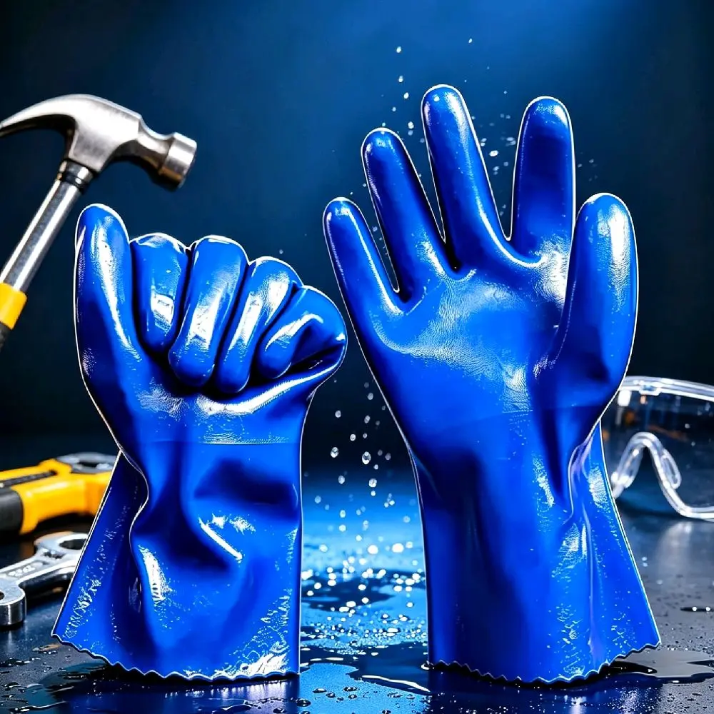Sarung Tangan Safety PVC Biru tahan Oli, Kimia dan Anti Slip Ukuran L Panjang 270mm untuk Perlindungan Optimal