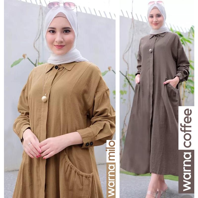 Nadia Gamis Dress Polos Wanita Muslim Korean Style Lengan Panjang Full Kancing sampai bawah busui wudhu friendly Adem nyaman Ukuran Lengkap untuk BB 40kg sampai 120kg Ready Size LD100, LD110, LD120, LD130, LD140, LD150 2