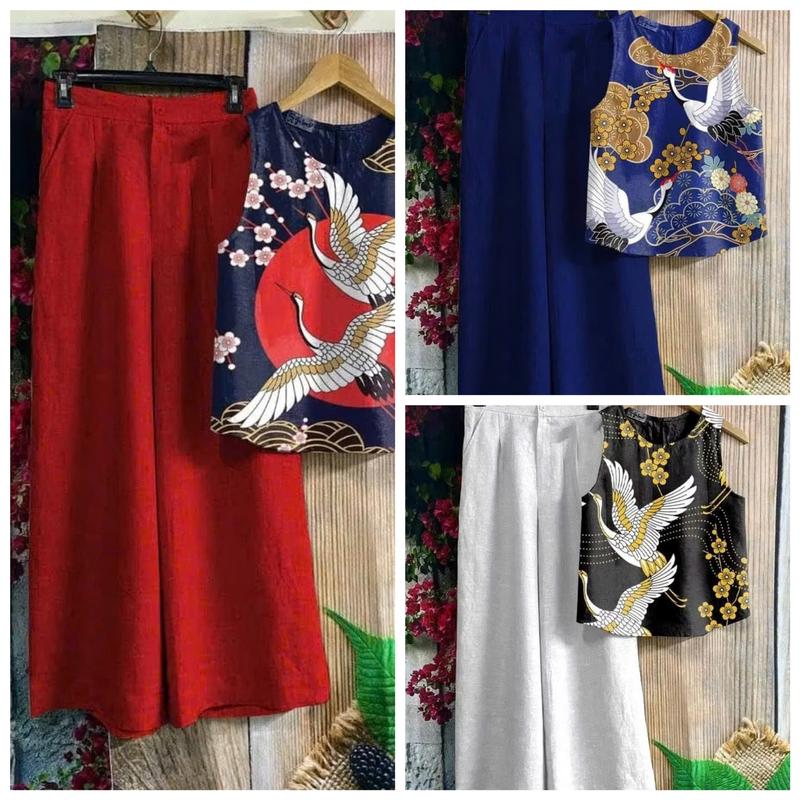 Set Đồ Nữ Mặc Tết, Áo Sát Nách, Quần Ống Rộng, Set Mặc Đi Chơi, Chất Mango, Mã NT18