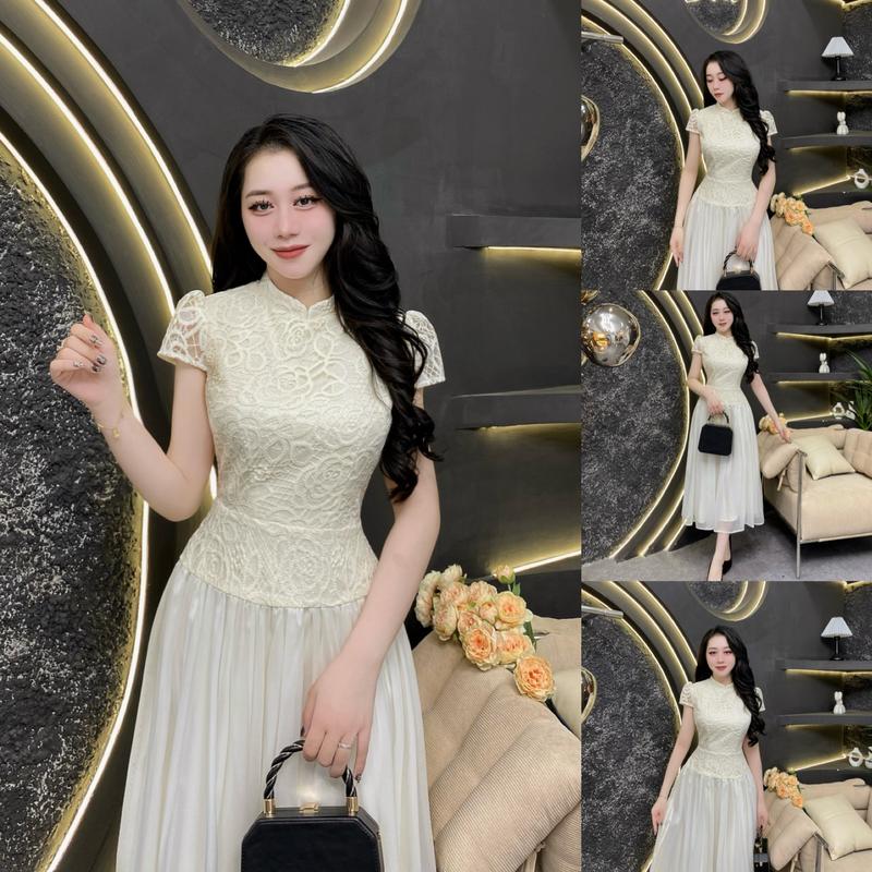 D51 - Váy Thiết Kế Evii dành cho nữ, Đầm thiết kế ren 2 lớp cổ tàu, chân váy phối tơ dáng A xoè dài phù hợp đi làm, đi chơi và đi dự tiệc. Có Bigsize Women Dress