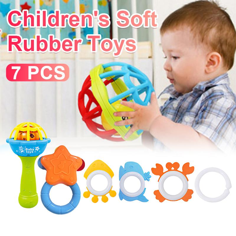 7 Pcs Set Baby Toys Soft Rubber Rattle Toy with Bells & Teether ...