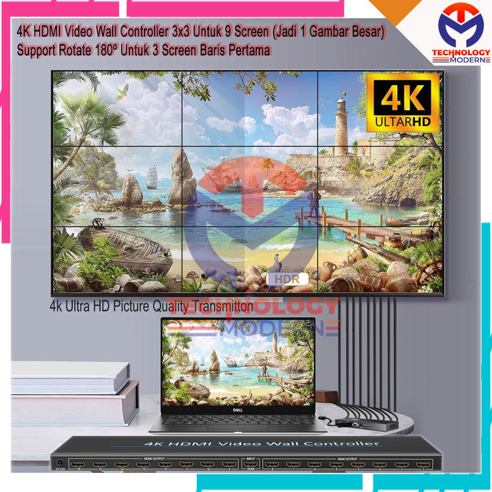 4K HDMI Video Wall Controller 3x3 Untuk 9 Screen (Jadi 1 Gambar Besar) Support Rotate 180º Untuk 3 Screen Baris Pertama
