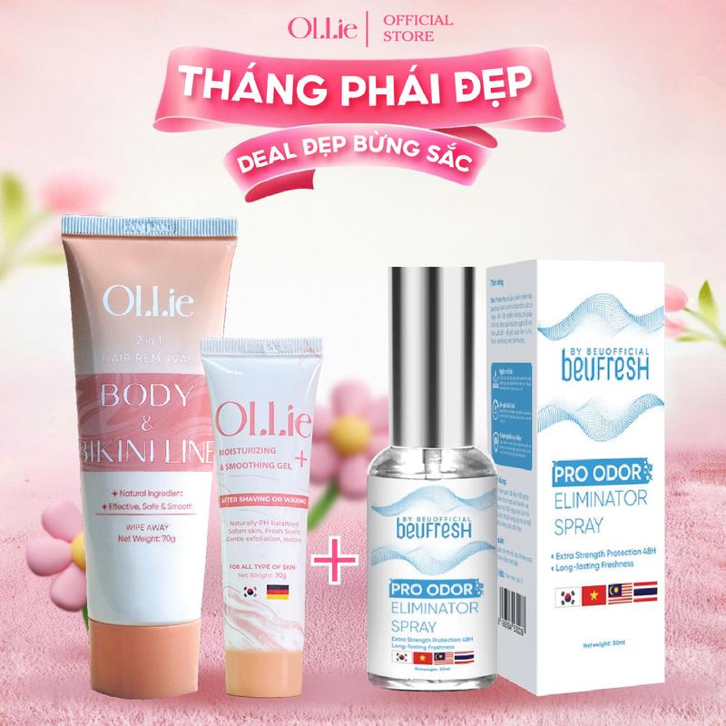 [Deal hàng chính hãng-có bảo hành]_KTQL008 COMBO 1 OLLIE KEM TẨY LÔNG Body Nam Nữ + 1 BEUFRESH PRO Xịt Khử Mùi Toàn Thân Tặng 1 OLLIE Gel Dưỡng Giúp Da Mềm Mịn + 1 Que Gạt kem  tẩy  lông  cho  mẹ  bầu