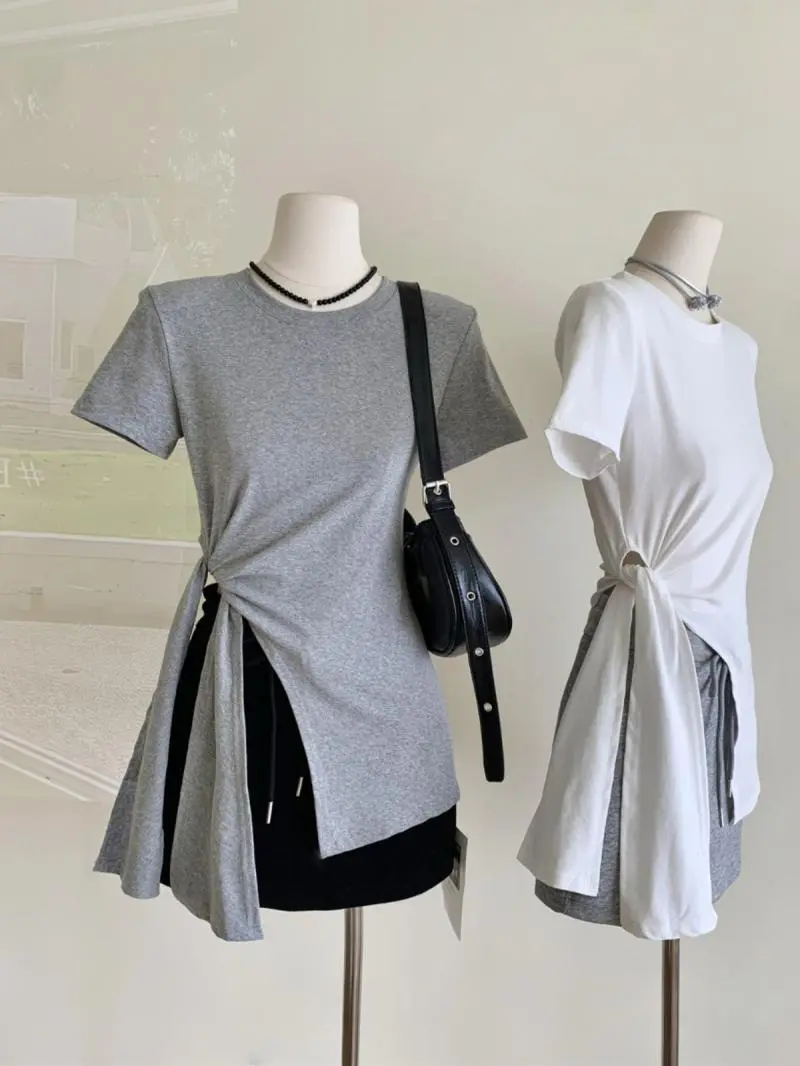 T1952 Atasan wanita casual polos simple elegant ikat samping lengan pendek korean style top