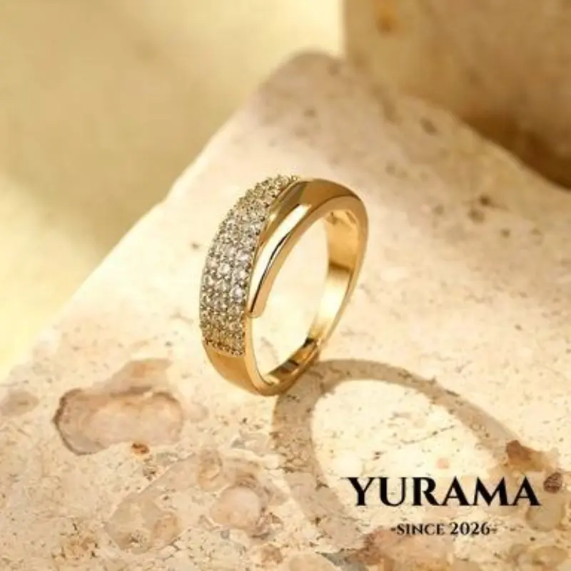 [Yurama] Cincin paduan logam geometris berlian bukaan bisa diatur wanita A487