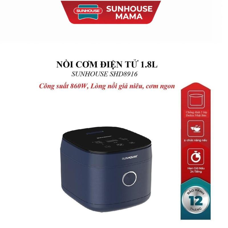 Nồi cơm điện tử 1.8L Sunhouse SHD8916, Công nghệ Fuzzy Logic tự điều chỉnh nhiệt, Lòng nồi dày 2mm, Công suất 860W