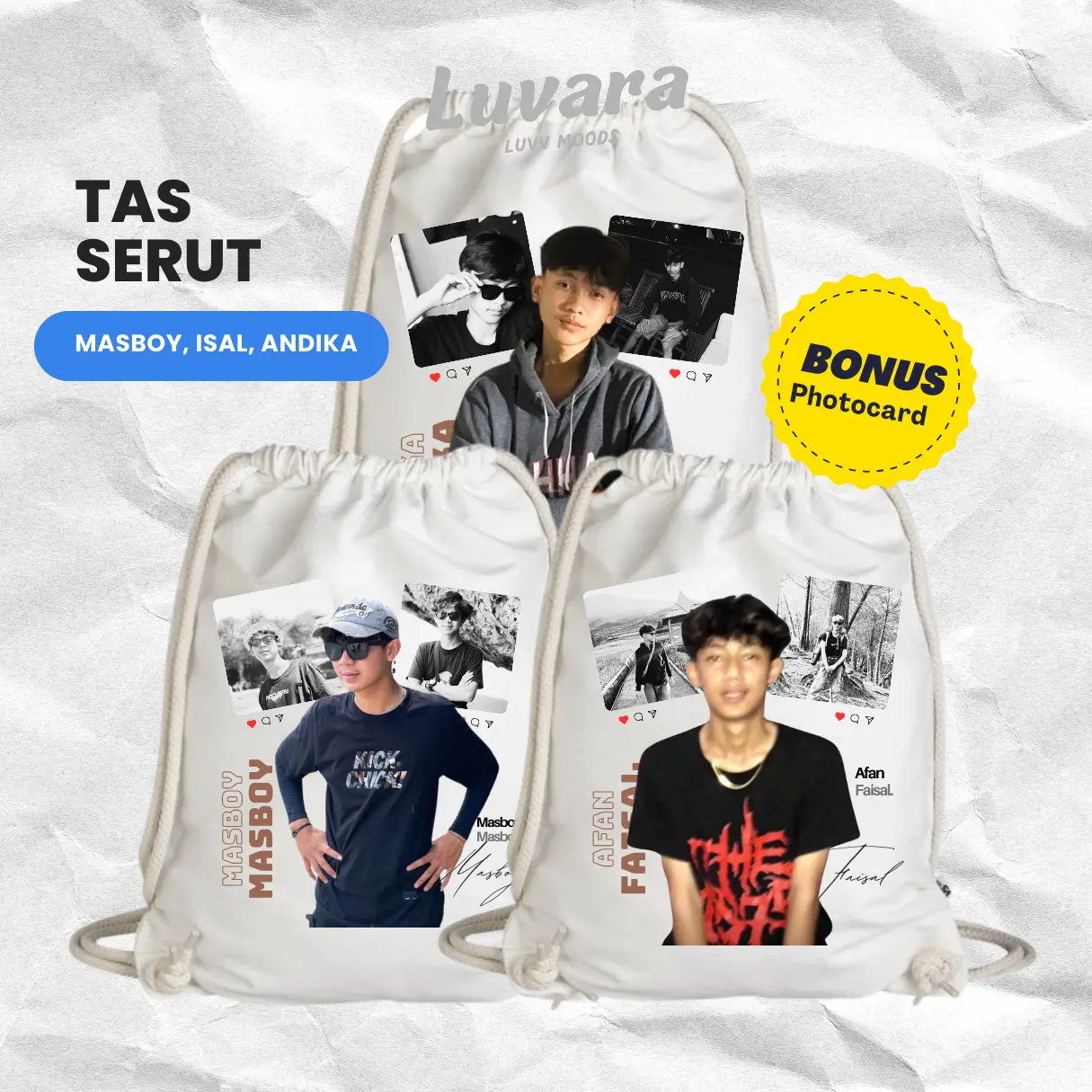 Tas serut WHITE Masboy Isal Andika bonus PHOTOCARDS bahan Canvas Twill 30x40cm warna tidak luntur