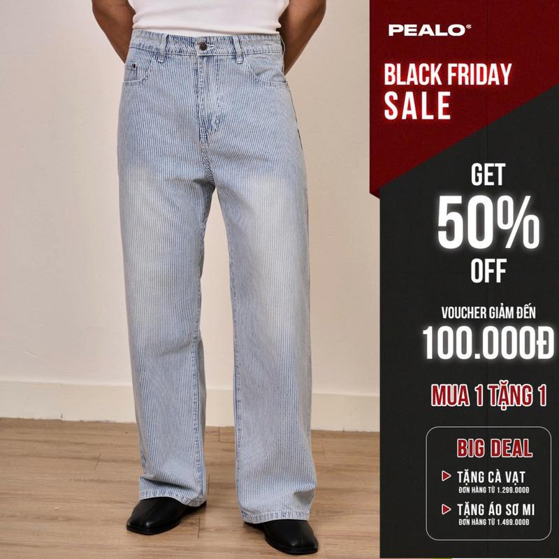 Quần Jean Ống Suông PEALO Kẻ Sọc Form Straight Leg