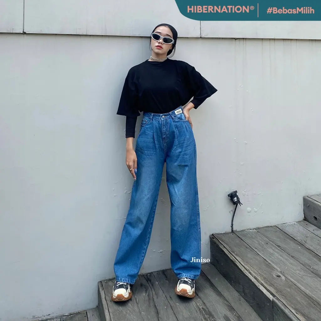 JINISO HIBERNATION - 881 Highwaist Adjustable Super Baggy Celana Jeans Wanita Warna Sapphire