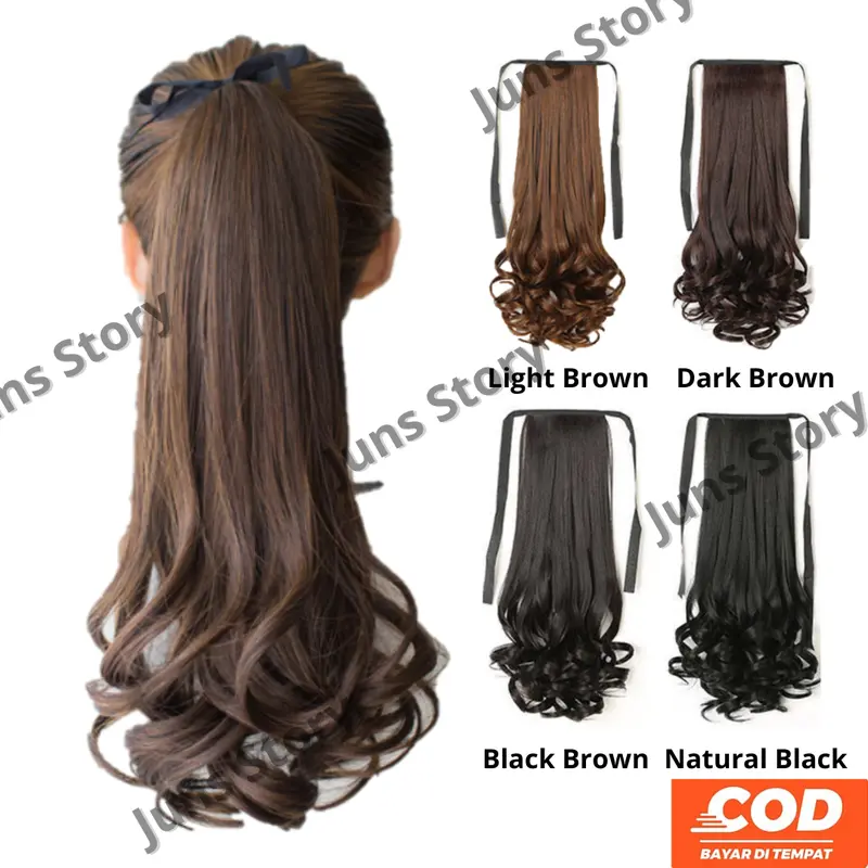 Aksesoris Hair Clip Hairclip Wig Wik Ponytail Korean 38cm 48cm 58 cm Rambut Palsu Sambung Warna Anak Perempuan Wanita Curly Cokelat Muda Cokelat Tua Hitam Black Extension 0