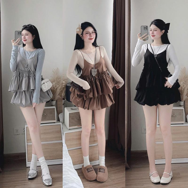  Set 3 món áo yếm 2 dây gió hàn tầng bèo mix áo thun cotton dài tay phối chân váy bồng bí tời siêu cute KAZY S337 
