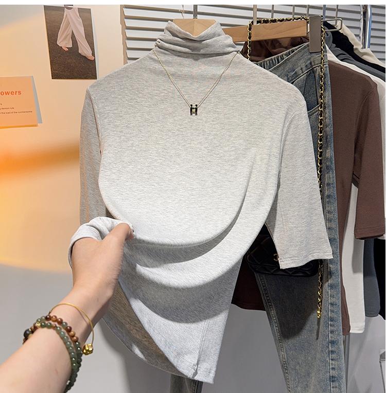 Product Introduction of Shoulder-length black half-high neck mid-sleeve t-shirt women's pre-fall 2024 undershirt with five-quarter sleeve top 11