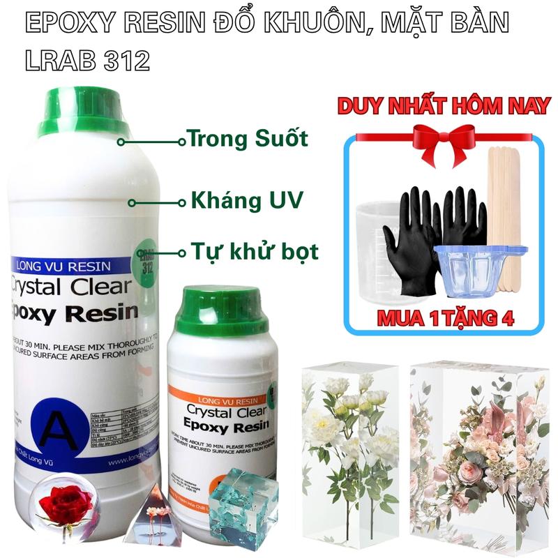 Keo Epoxy Resin Trong Suốt 312 Chuyên Làm Mặt Bàn Làm Khuôn Làm Đồ Handmade Crafts Kháng UV Đổ Khuôn Silicone Bộ 0.5kg 1kg - Lotus Craft Shop x Long Vu Chemical 0005