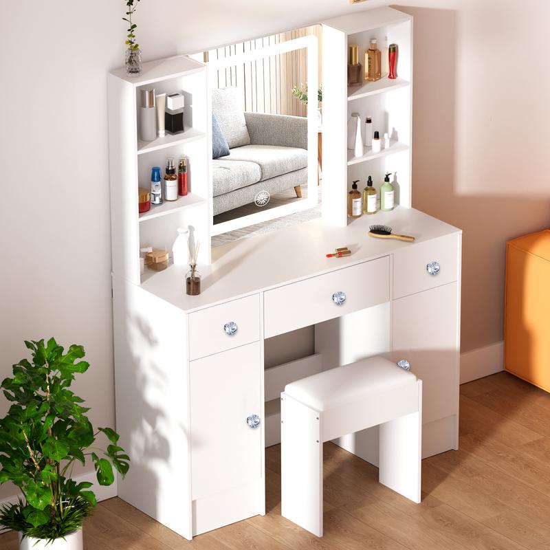 Modern White Dressing Table 3 Drawers Vanity Makeup Desk with Smart LED Mirror & Stool White 1