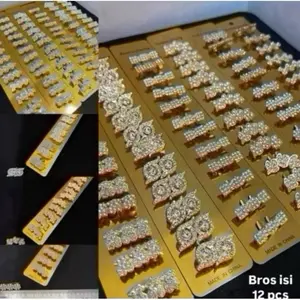 KTS-ISI 12 Pcs / 1Lusin Bros dagu hijab/Bros hijab elegan/Bross tanpa ring/Bros hijab motif elegan warna PUTIH & GOLD harga/lusin Mini Muslim Kerudung Peniti