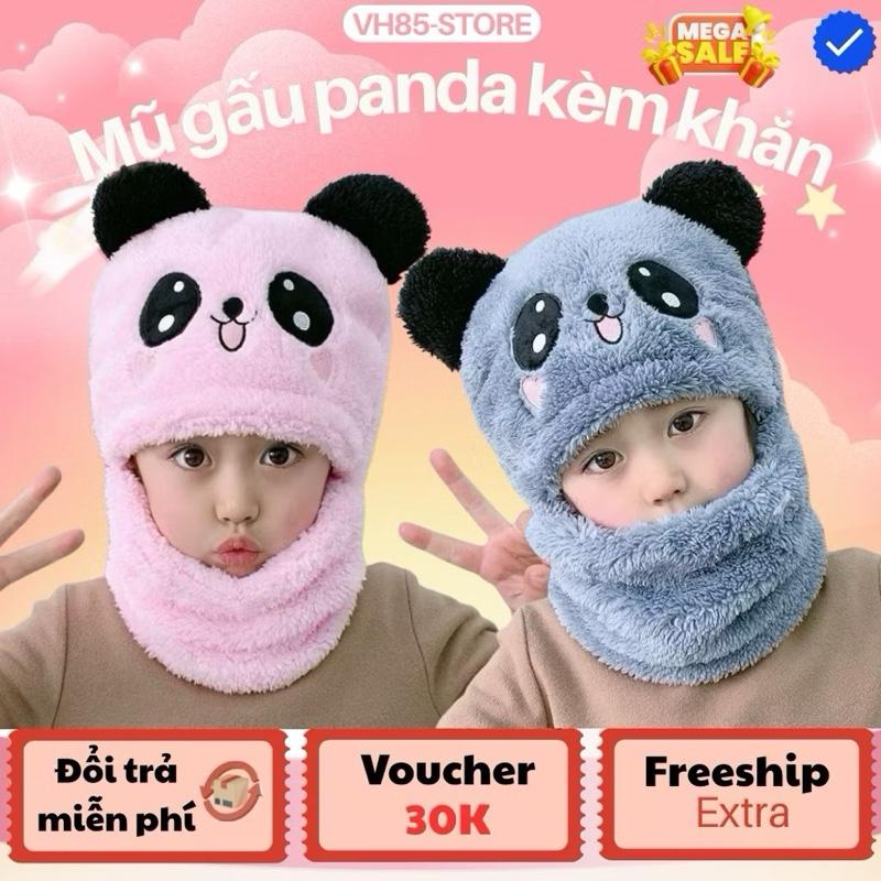 Mũ Lông Gấu Panda Cho Bé Freeship - Nón Len Trẻ Em Lông Cừu Liền Khăn Siêu Ấm