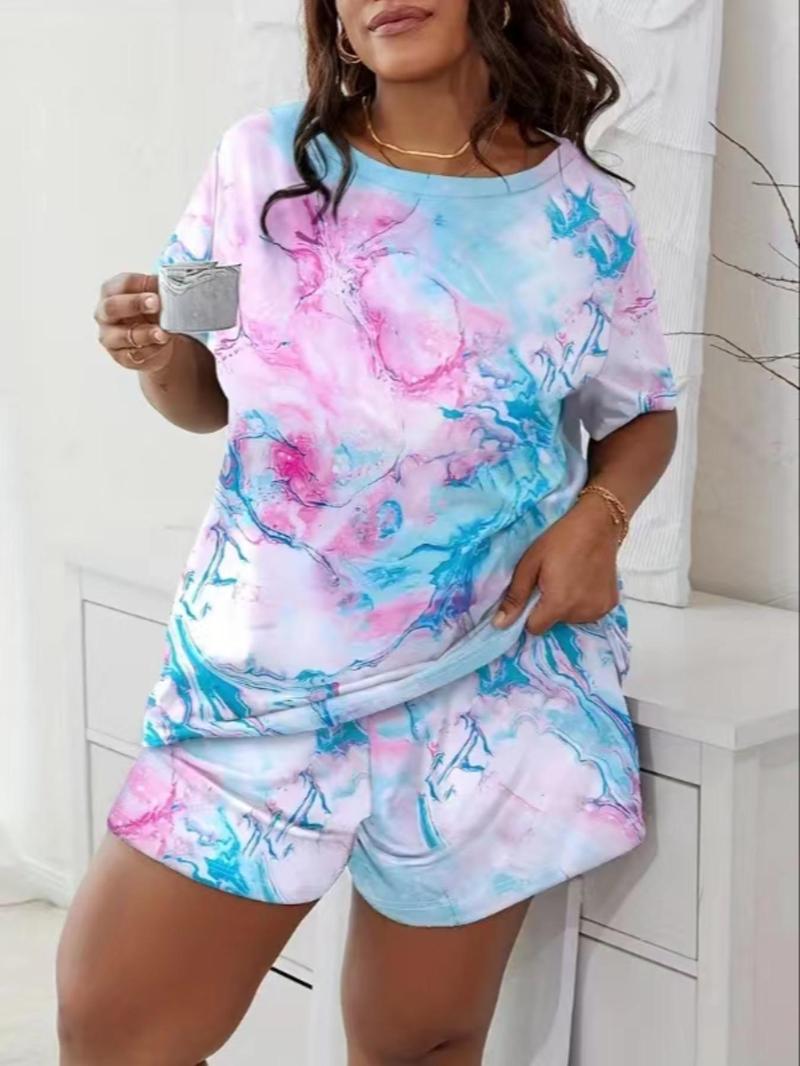 Product Introduction of Plus Size Graphic Print Summer Clothes Set, Casual Round Neck Short Sleeve Tee & Elastic Waist Shorts, Women's Two-piece Outfits, Co ord Set Summer 4